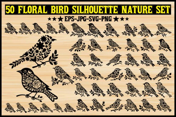 50 Floral Bird Silhouette Set Graphics and Illustrations