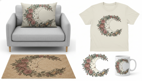 Boho Floral Crescent Moon Illustration: Graphics for Editorial Design