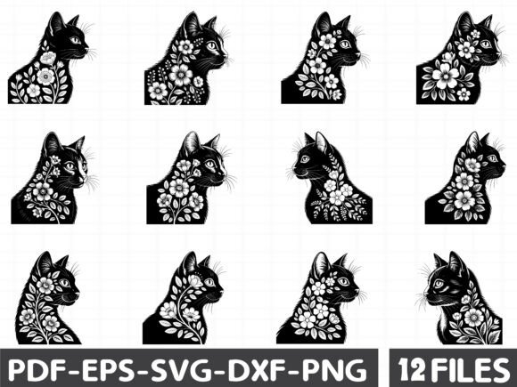 Cat with Flowers Svg , Floral Cat SVG Graphics and Illustrations