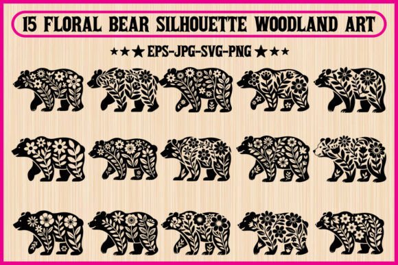 Floral Bear Silhouette Woodland Art Graphics and Illustrations