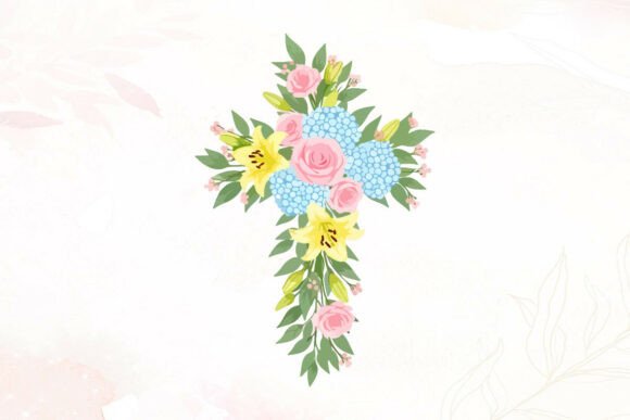 Floral Cross with Roses and Hydrangeas Graphics and Illustrations