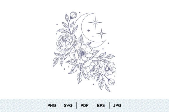 Floral Moon and Stars Line Art Design Graphics and Illustrations