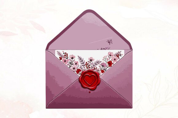Floral Pink Envelope with Heart Seal Graphics and Illustrations