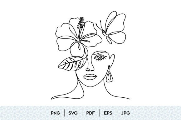 Floral Portrait Line Art with Butterfly Graphics and Illustrations