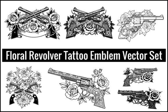 Floral Revolver Tattoo Emblem Vector Set Graphics and Illustrations