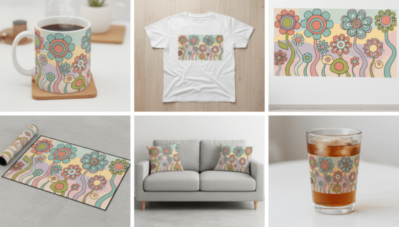Groovy Retro Floral Pattern Illustration Graphics and Illustrations