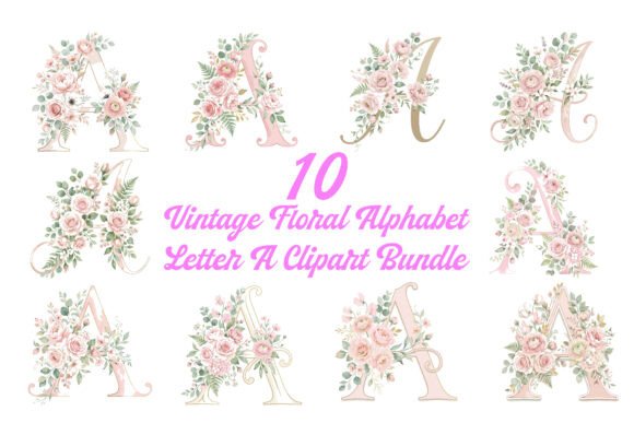 Vintage Floral Letter A Clipart Bundle